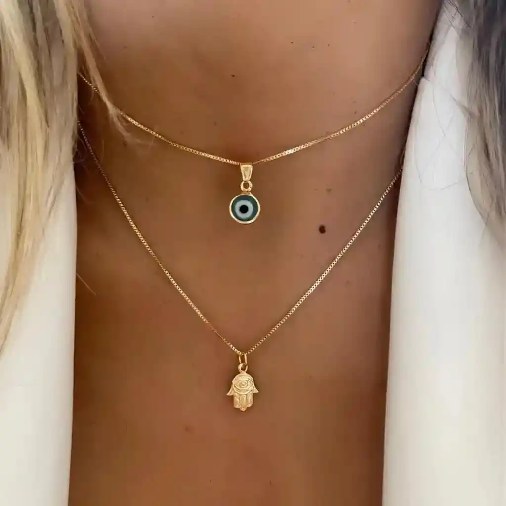 Cadena Doble Mano Hamsa - Ojo Turco Dorado