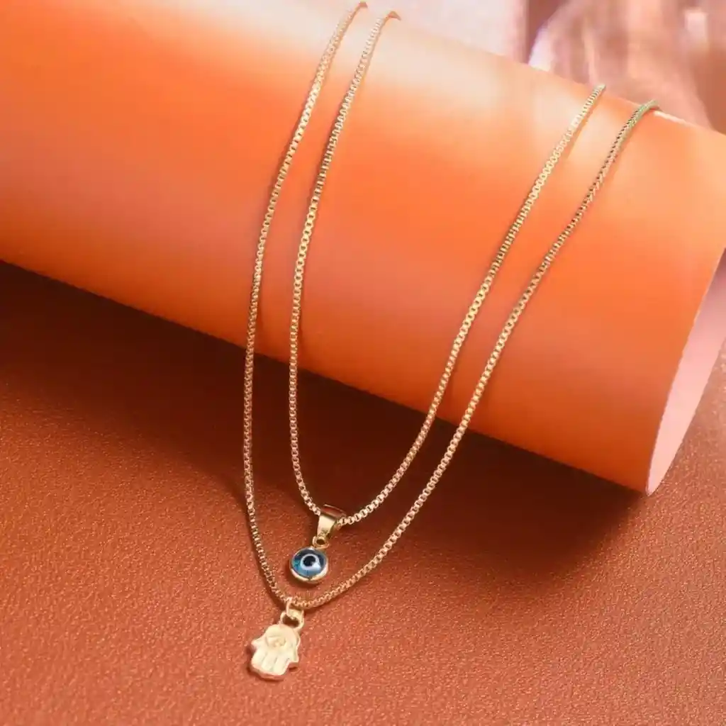Cadena Doble Mano Hamsa - Ojo Turco Dorado