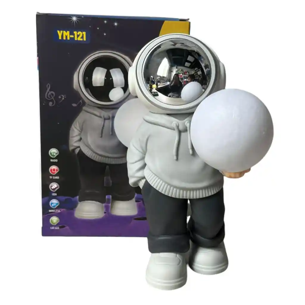 Lampara Y Parlante Bluetooth De Astronauta Luz Luna Gris Blanco