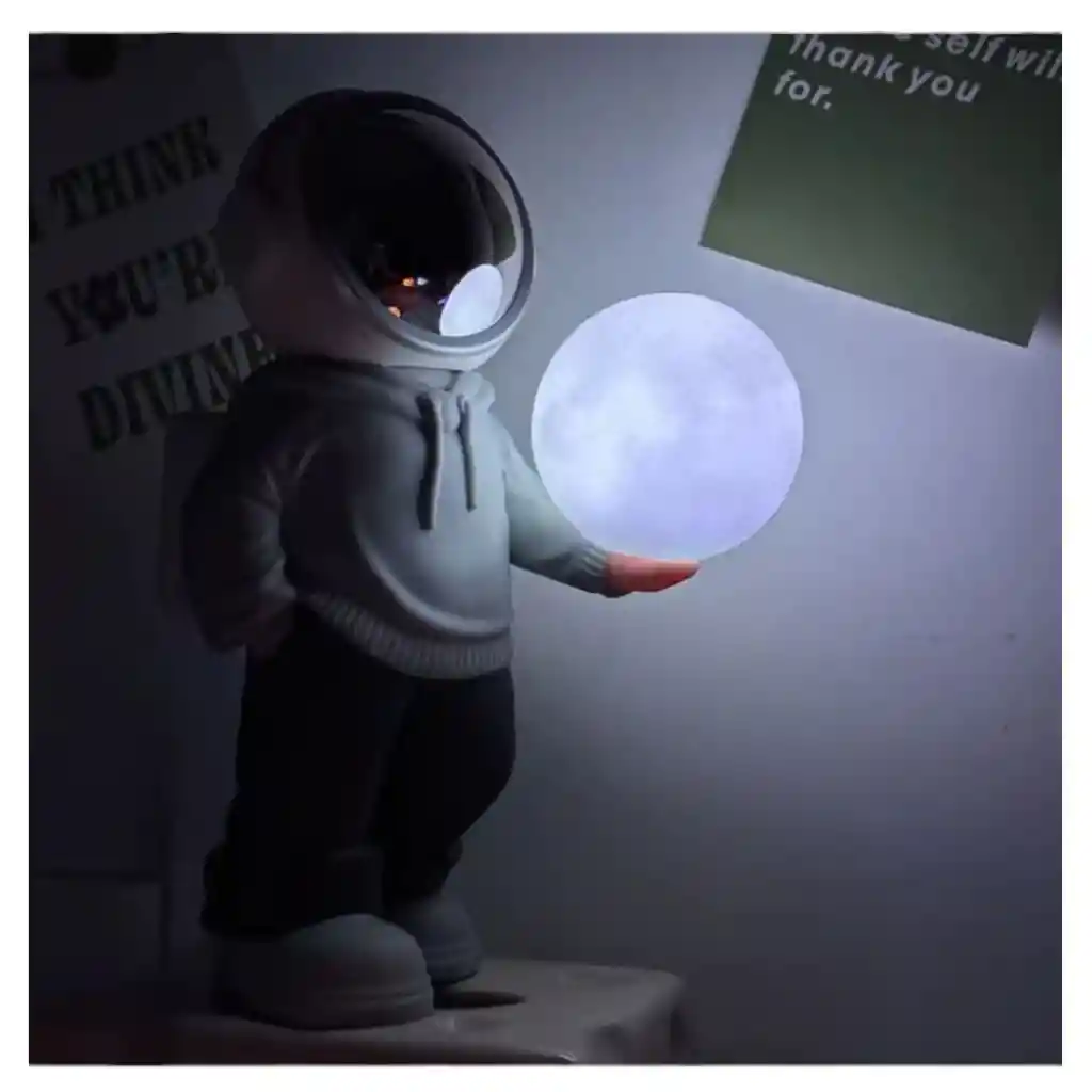 Lampara Y Parlante Bluetooth De Astronauta Luz Luna Gris Blanco