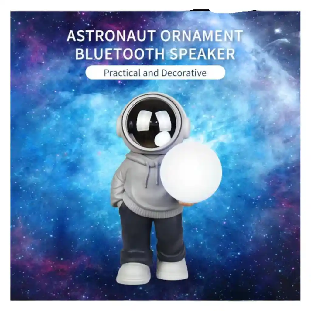 Lampara Y Parlante Bluetooth De Astronauta Luz Luna Gris Blanco