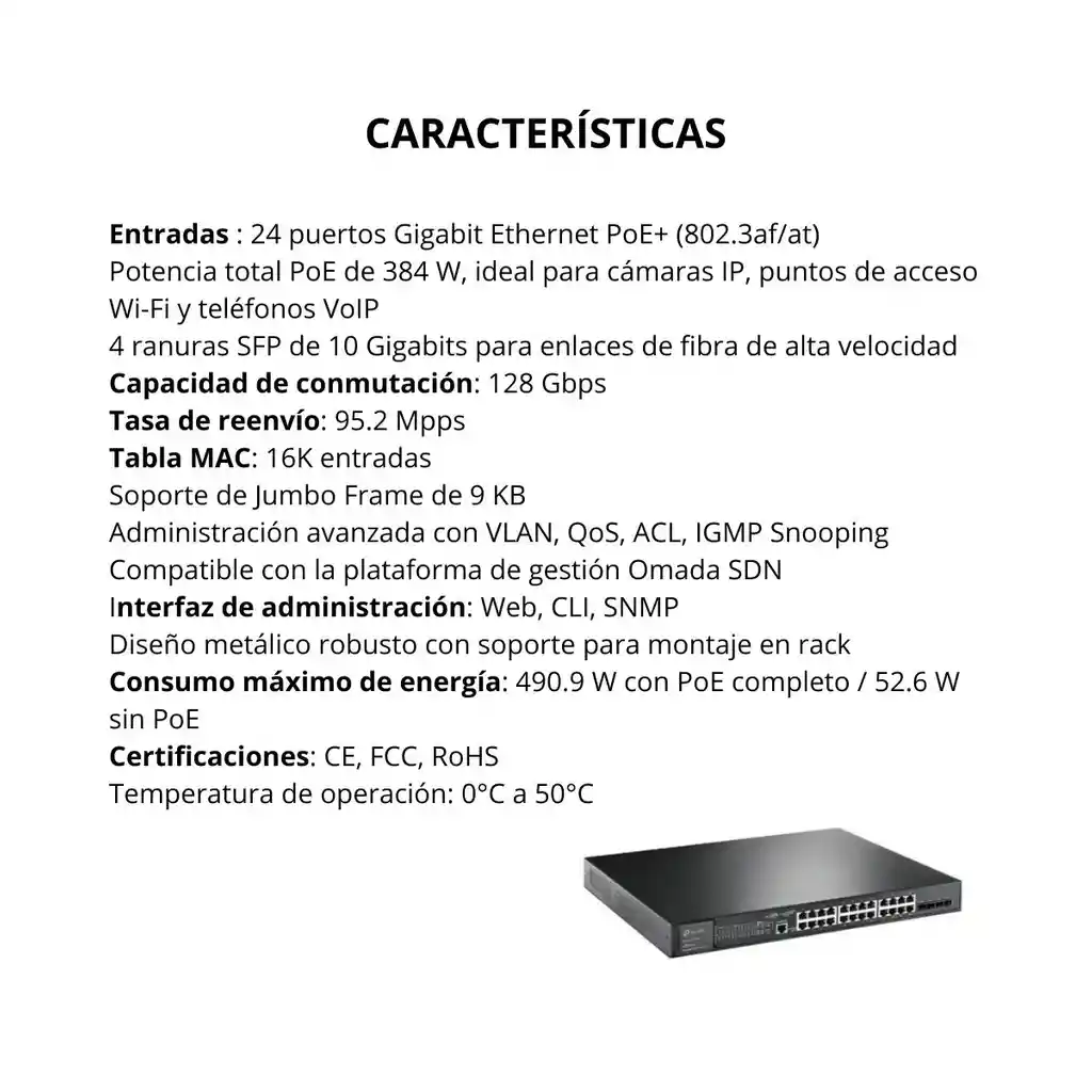 Switch Tp-link Poe Administrable Jetstream De 24 Puertos Gigabit Y 4 Puertos 10ge Sfp Tl-sg3428xmp C