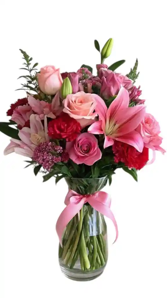 Flores En Jarrón Con Lirios, Rosas Y Claveles