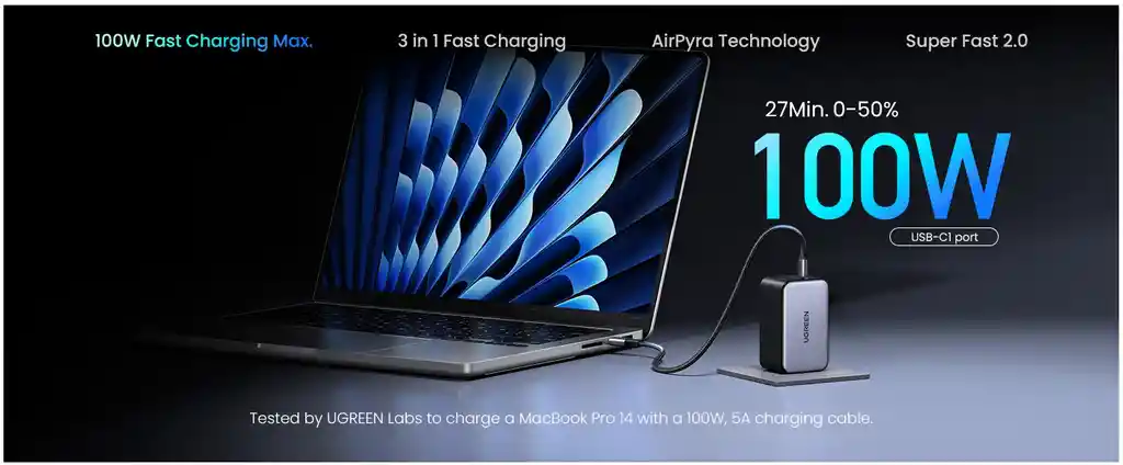 Cargador Ugreen Gan 3 Puertos 2xusb-c Y 1xusb-a 100w Nexode