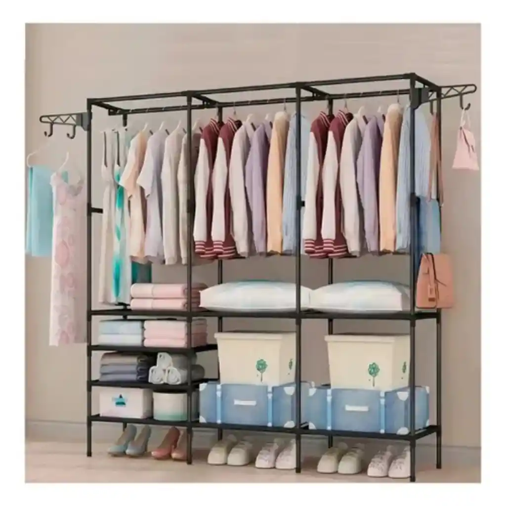Closet Armario Estante Metálico 5 Niveles Con Perchero 3 Cuerpos