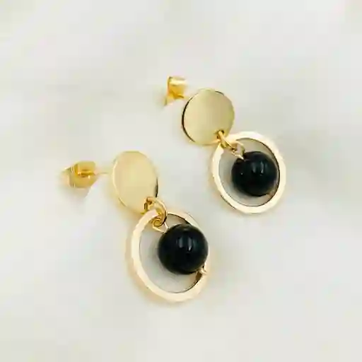 Aretes Argolla Dorados Con Obsidiana
