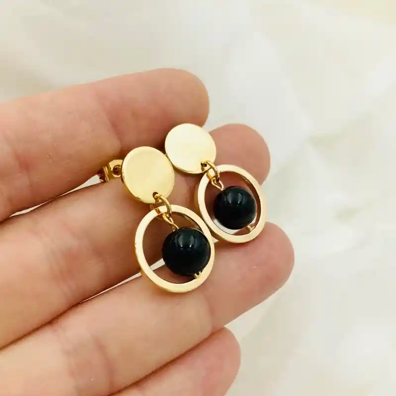 Aretes Argolla Dorados Con Obsidiana