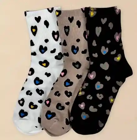 Set De 3 Calcetines Medias Animal Print Corazones