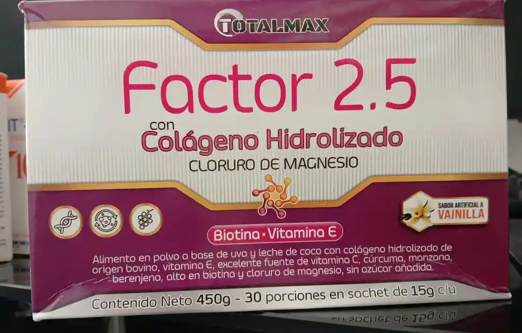 Factor 2.5 Con Coléno Hidrolizado, Cloruro De Magnesio. 450 G- 30 Porciones De 15 G C/u
