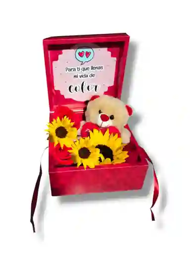 Caja De Rosas Y Girasoles Peliche Feliz Dia