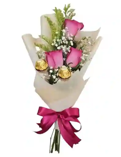 Ramo De 3 Rosas Rosadas Y 2 Ferrero