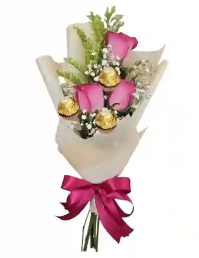 Ramo De 3 Rosas Rosadas Y 3 Ferrero