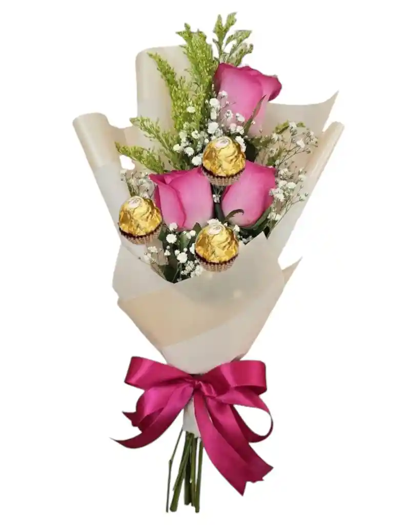 Ramo De 3 Rosas Rosadas Y 3 Ferrero