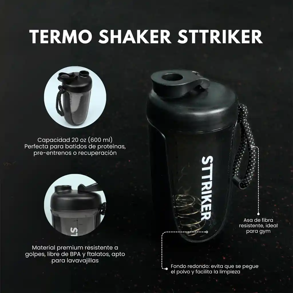 Termo Shaker Proteína 600ml Vaso Base Curva Mezclador Negro