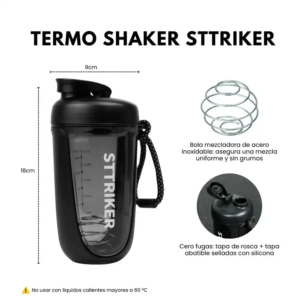 Termo Shaker Proteína 600ml Vaso Base Curva Mezclador Negro
