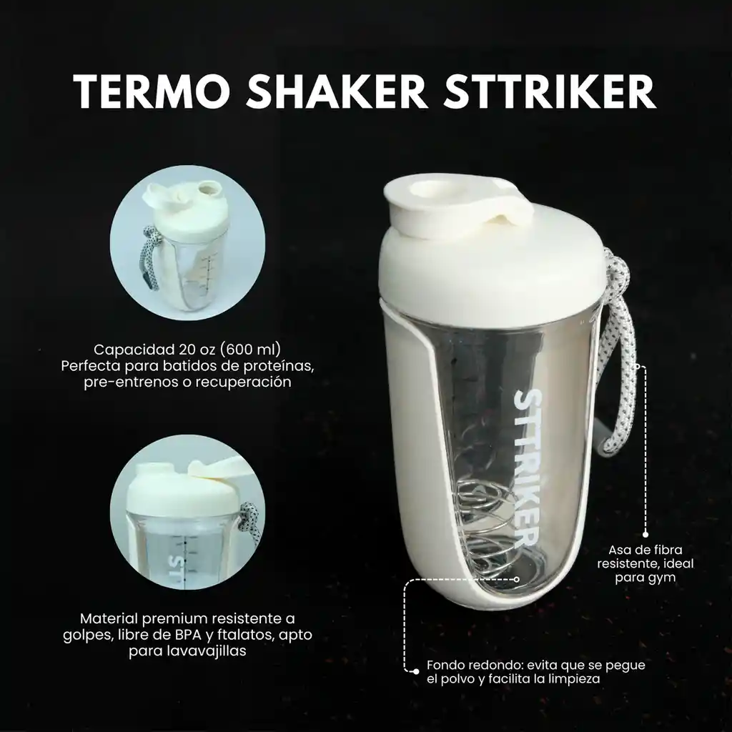 Termo Shaker Proteína 600ml Vaso Base Curva Mezclador Blanco