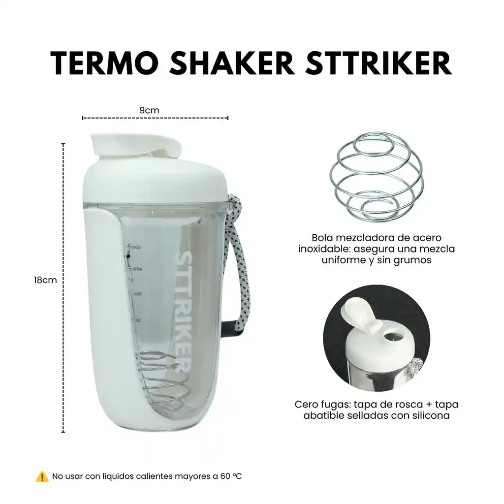 Termo Shaker Proteína 600ml Vaso Base Curva Mezclador Blanco