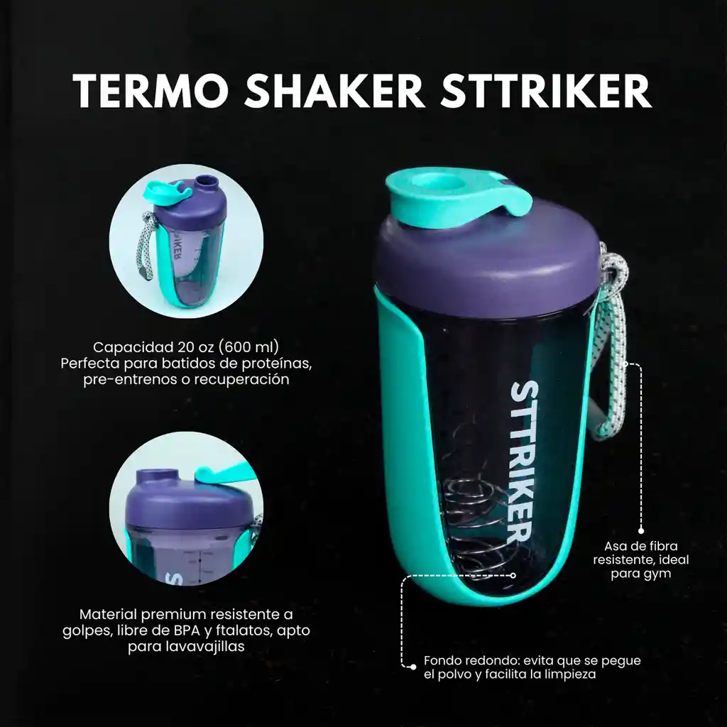Termo Shaker Proteína 600ml Vaso Base Curva Mezclador Morado/verde