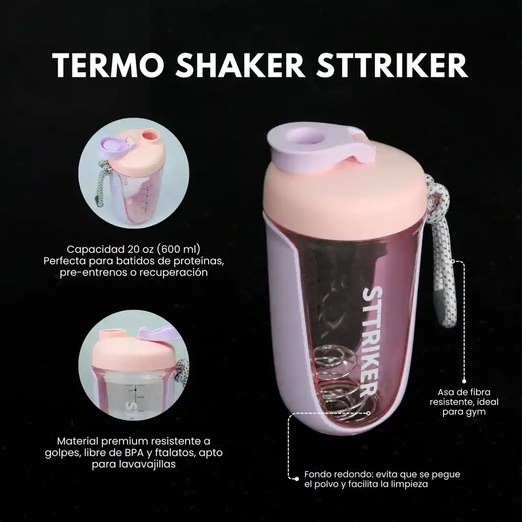 Termo Shaker Proteína 600ml Vaso Base Curva Mezclador Rosado/lila