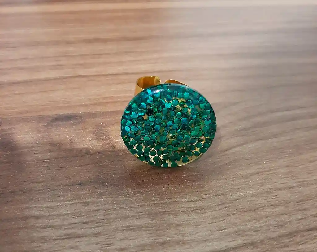 Anillo Redondo Arte Resina Aguamarina