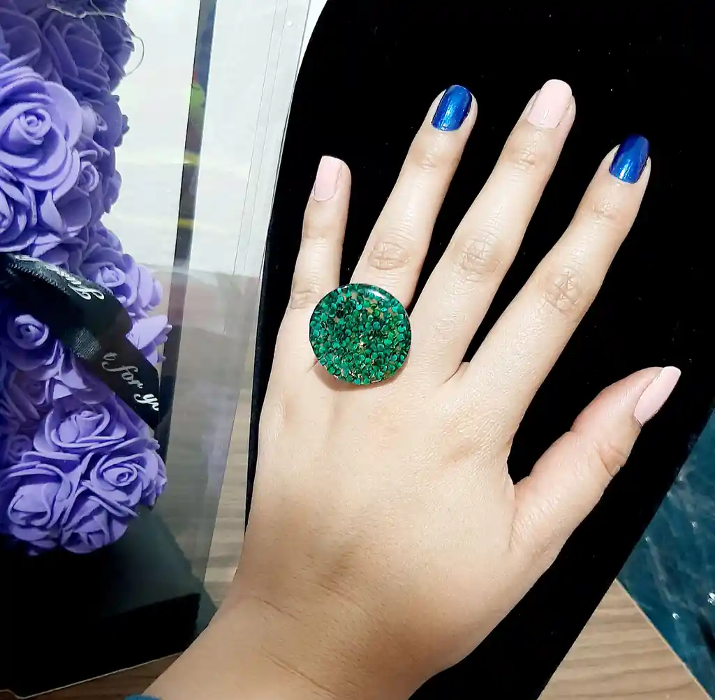 Anillo Redondo Arte Resina Aguamarina