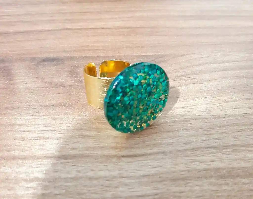 Anillo Redondo Arte Resina Aguamarina