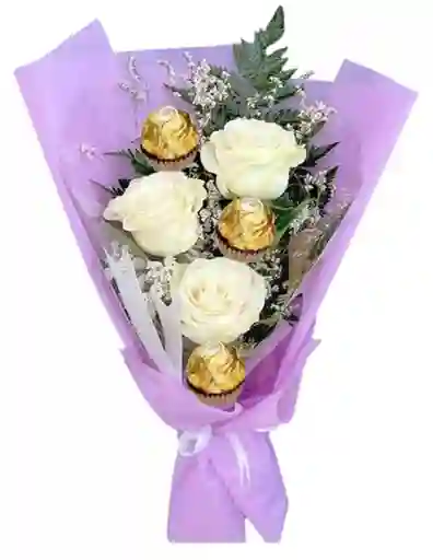 Ramo De 3 Rosas Blancas Y 3 Ferrero