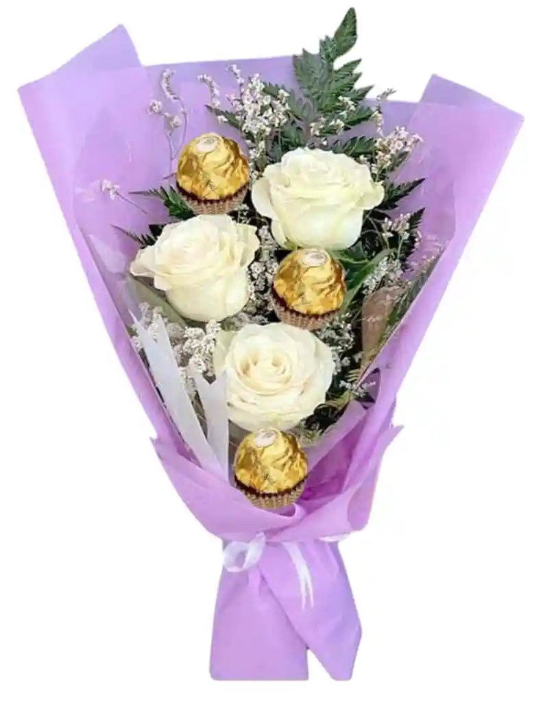 Ramo De 3 Rosas Blancas Y 3 Ferrero