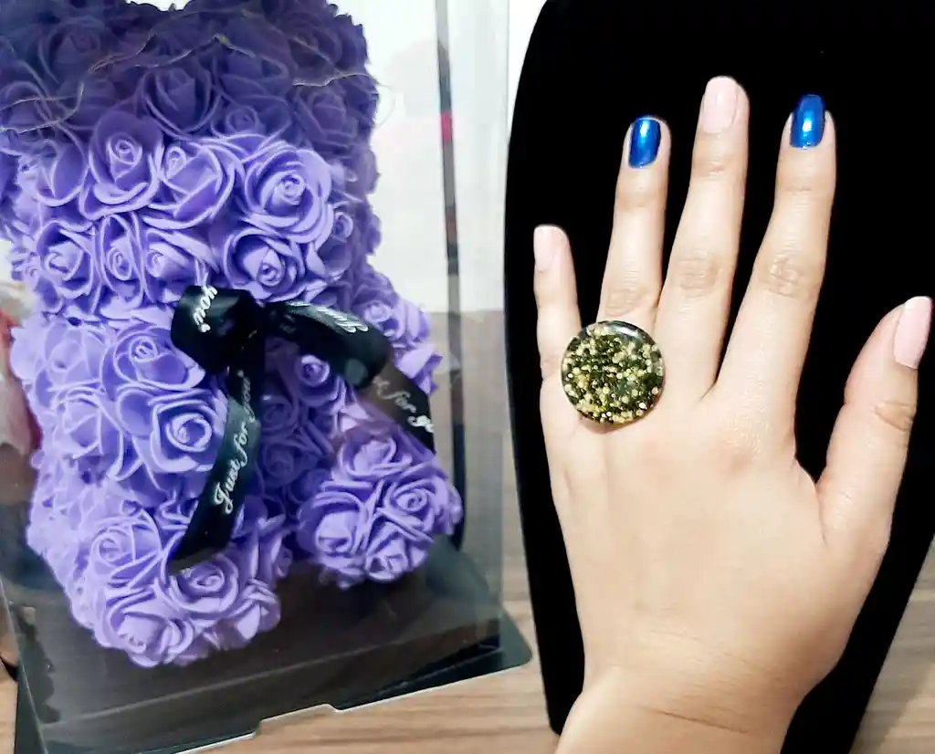 Anillo Redondo Arte Resina Amarillo Con Negro