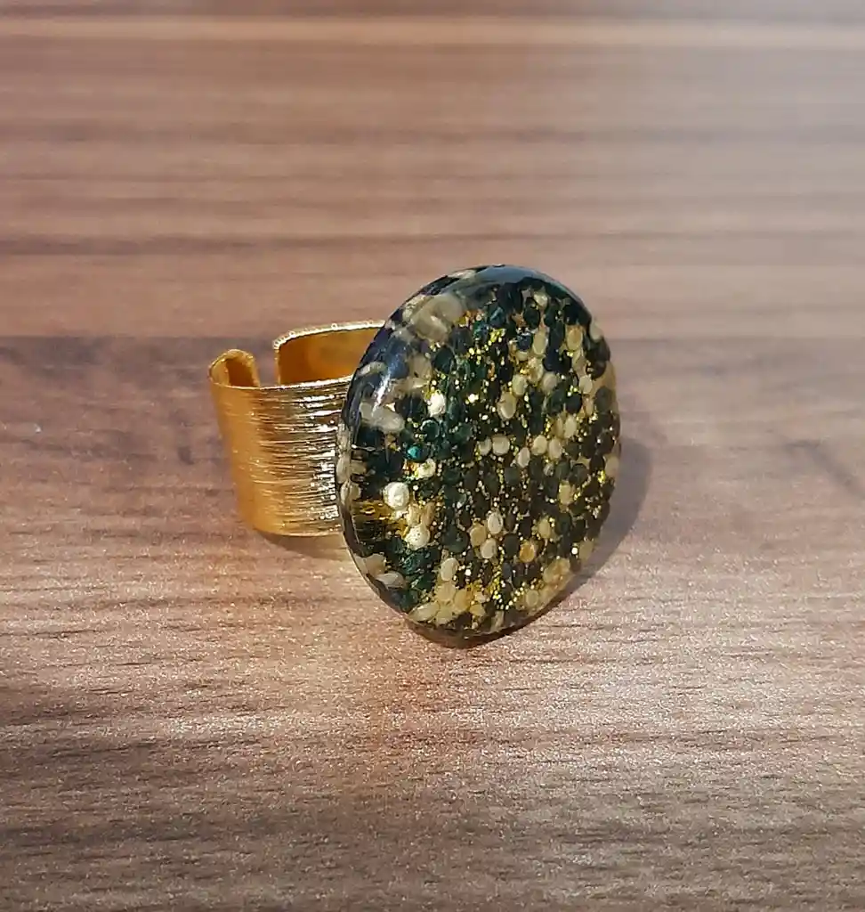 Anillo Redondo Arte Resina Amarillo Con Negro