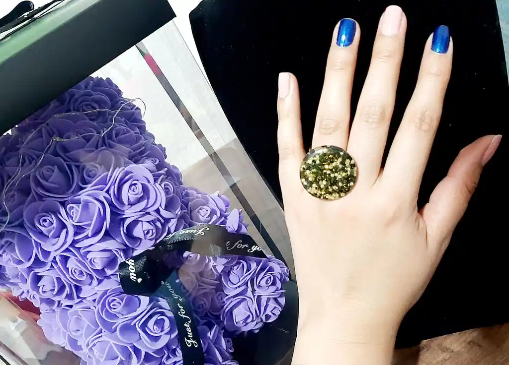 Anillo Redondo Arte Resina Amarillo Con Negro