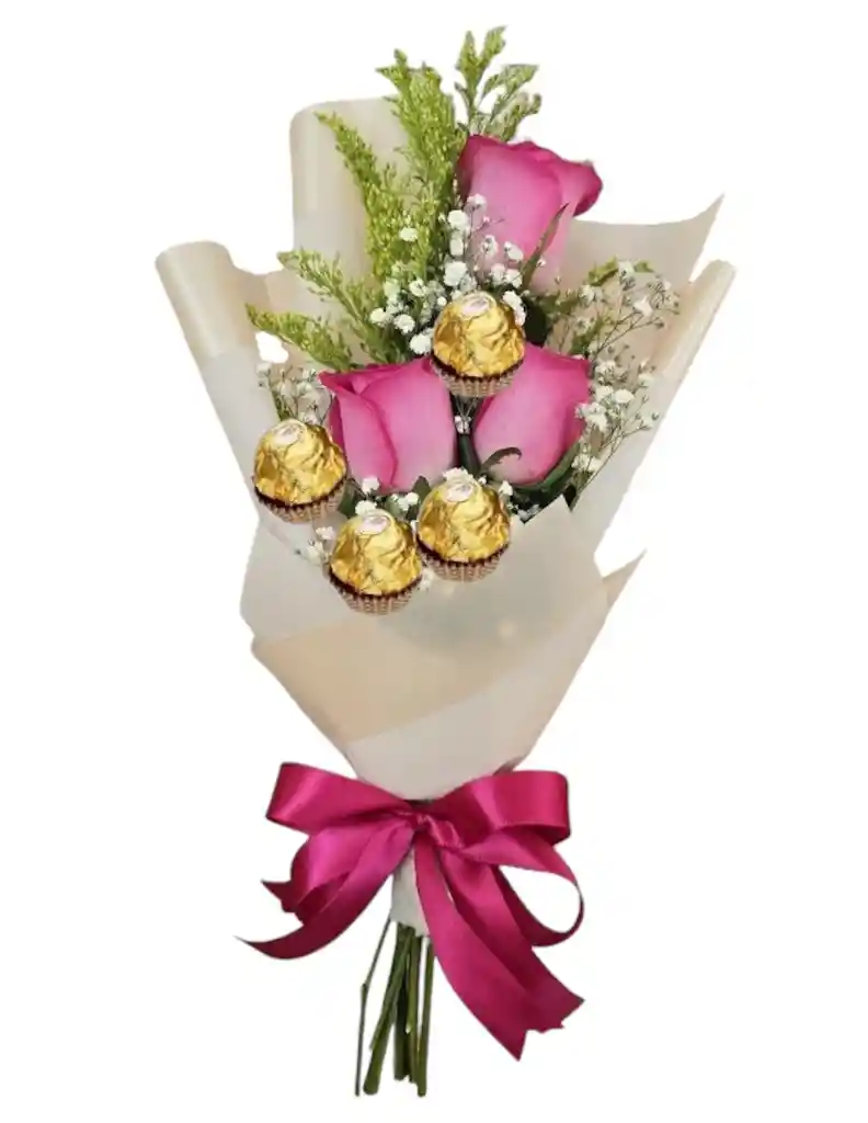 Ramo De 3 Rosas Rosadas Y 4 Ferrero