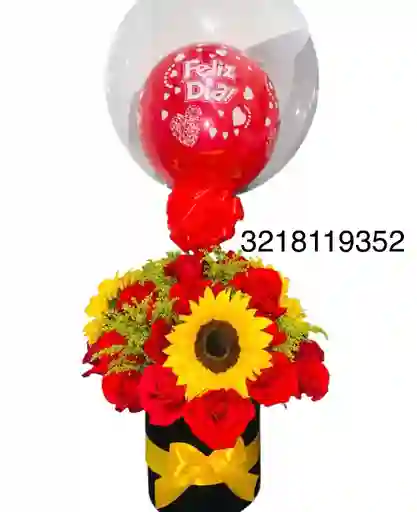 Ramo De Flores - Caja Negra De Lujo Con Rosas Girasoles Globo De Feliz Día