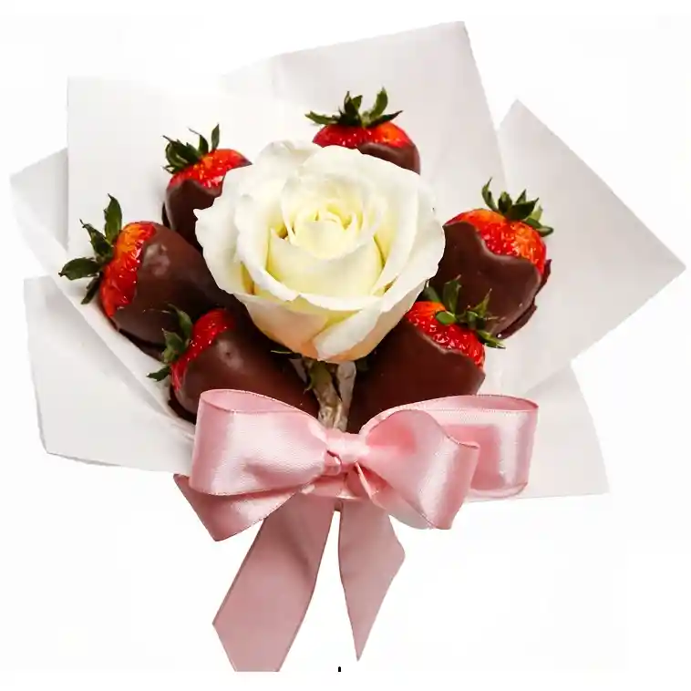 Flores Para Esposa - Rosa Blanca Y 6 Fresas