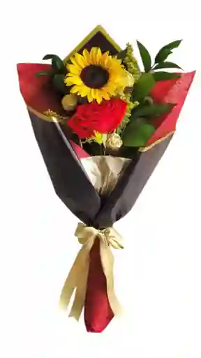 Flores De Girasol Y Rosa Con 3 Chocolates En Bouquet