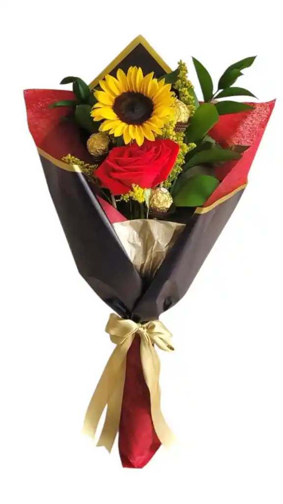 Flores De Girasol Y Rosa Con 3 Chocolates En Bouquet