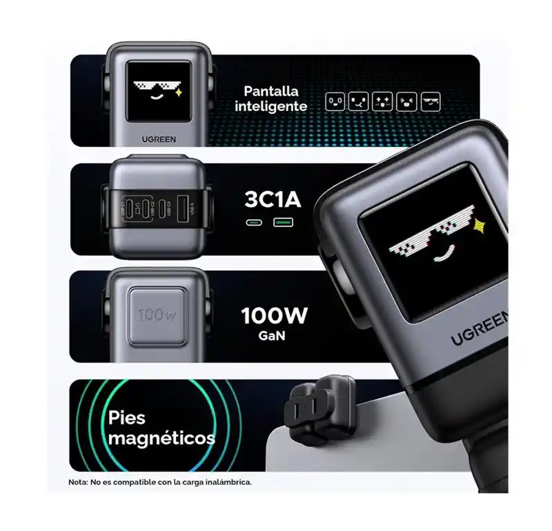 Cargador Rápido Ugreen Uno Usb-c 100w Pantalla Tft 4puertos