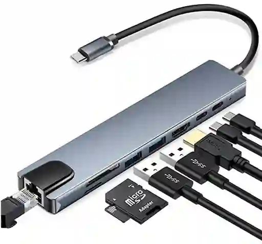 Adaptador 8 En 1 Tipo C Lan Tf Sd Hdmi Usb Pd Hub