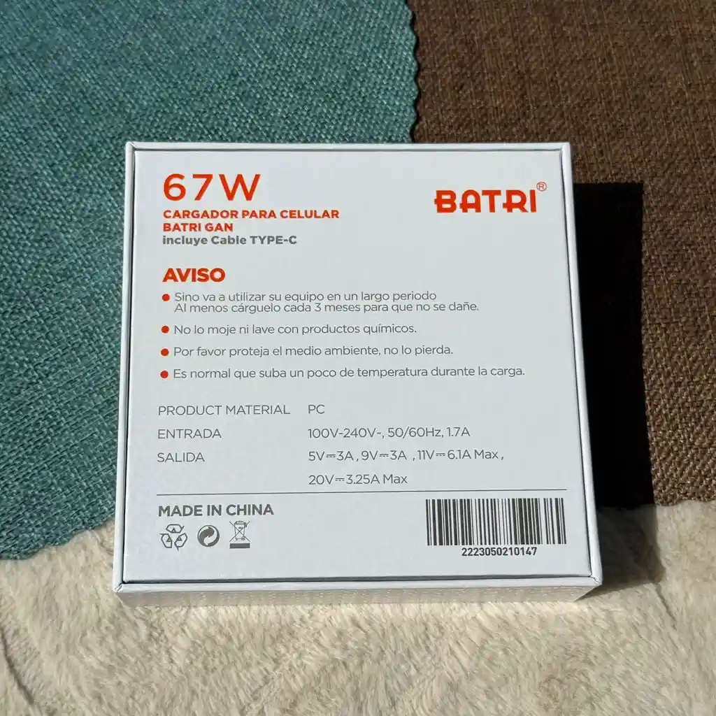 Cargador Completo Tipo C / 67w / Carga Rapida / Batri / Segura Y Real