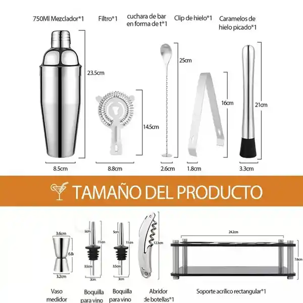 Set X12 Piezas Utensilios Bartender Coctelera Bar Inoxidable Bambu