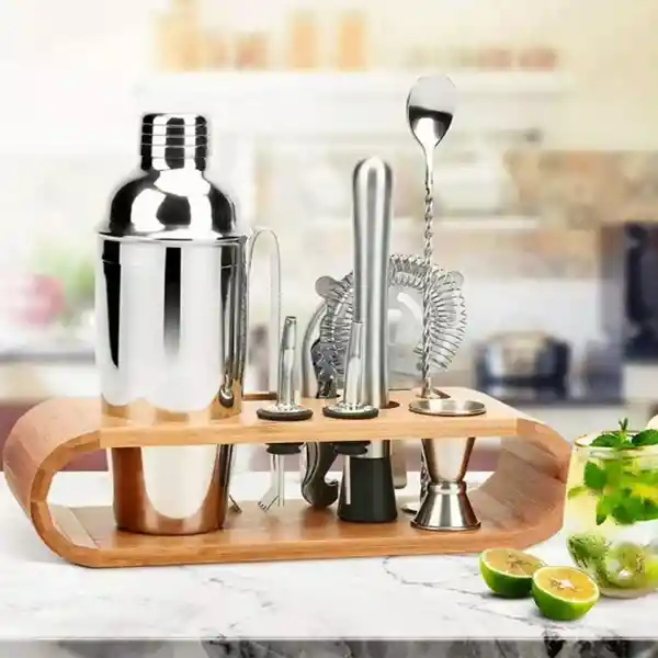 Set X12 Piezas Utensilios Bartender Coctelera Bar Inoxidable Bambu