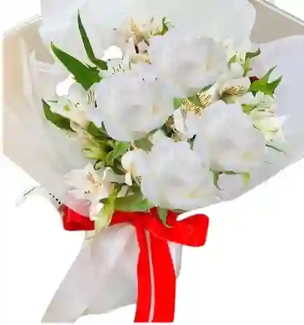 Bouquet De 4 Rosas Blancas Y Astromelias