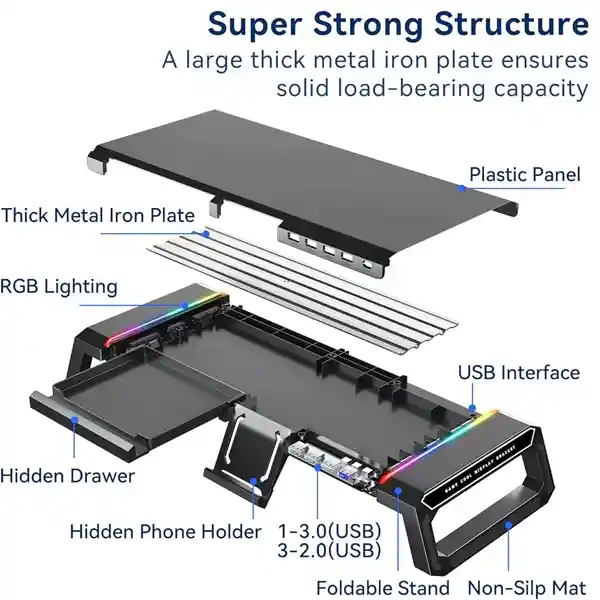 Soporte De Monitor Rgb Ajustable Con Puertos Usb Rgb