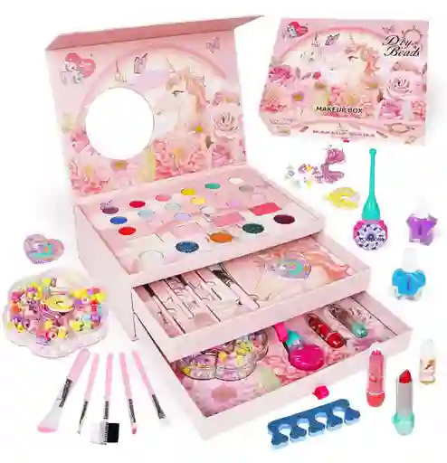 Maquillaje Para Niñas Kit Peinados Uñas 3 En 1 Unicornio
