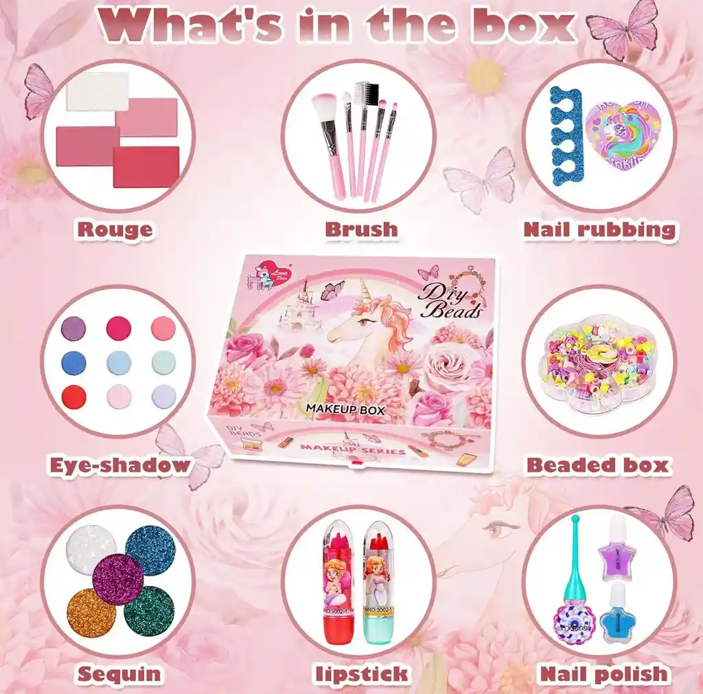 Maquillaje Para Niñas Kit Peinados Uñas 3 En 1 Unicornio