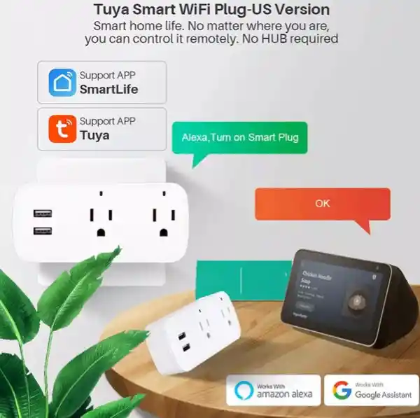 Enchufe Tomacorriente Inteligente Doble Con 2 Puertos Usb Wifi