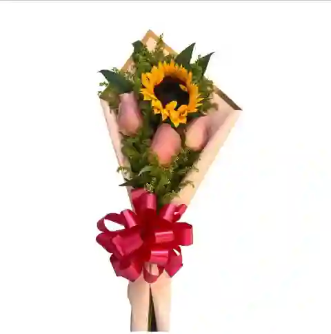 Bouquet De 1 Girasol Y 3 Rosas Rosadas