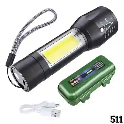 Linterna Tactica Led Recargable Usb Zoom Aluminio 511 Con Cordon
