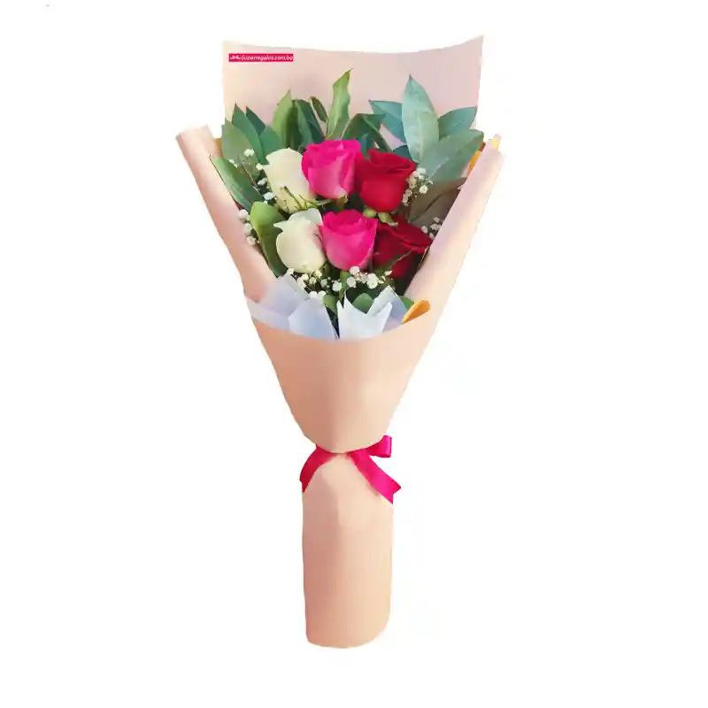 Regalo Para Novia - Bouquet Alargado De 6 Rosas Combinadas