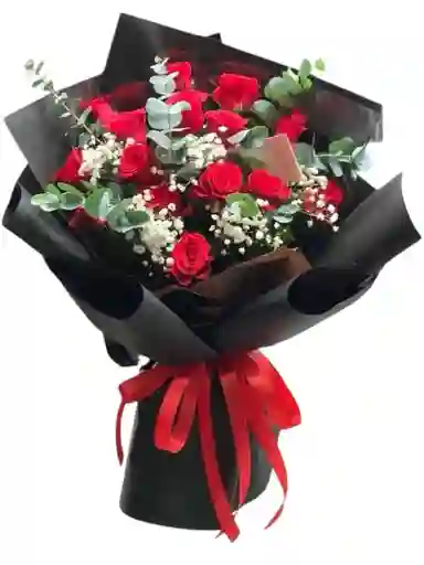 Rosas Rojas En Ramo Y Eucalipto